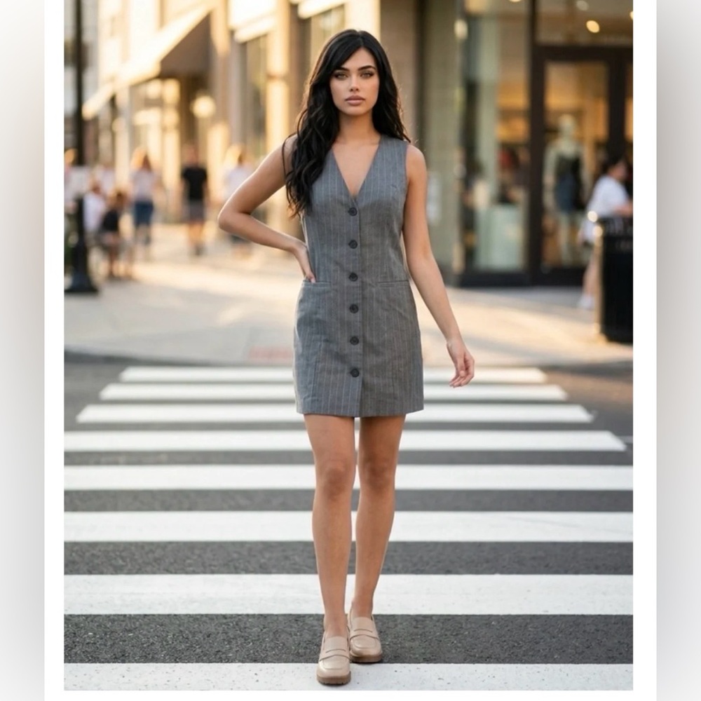 a new day Gray Pinstripe V-Neck sleeveless Button-Front Mini Dress Sz M
